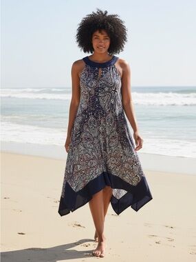 En Focus Women Navy Paisley Handkerchief Hem Dress 14W
